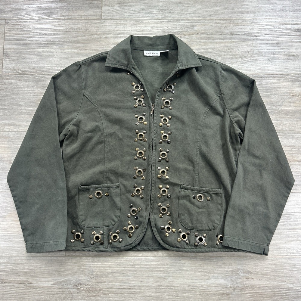 Hannah Large Olive Green Twill Lightweight Jacket Brass Eyelet Trim Y2K
